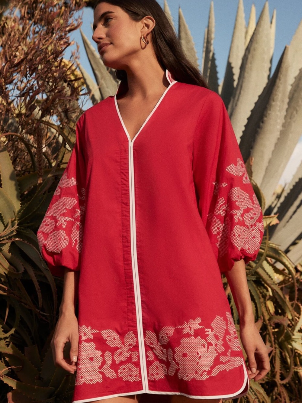 HYACINTH HOUSE Red & White Embroidery Mini Arem Caftan - Picture 7 of 12